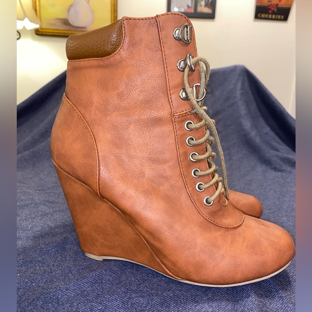 Chestnut colored wedge booties (JUSTFAB brand)